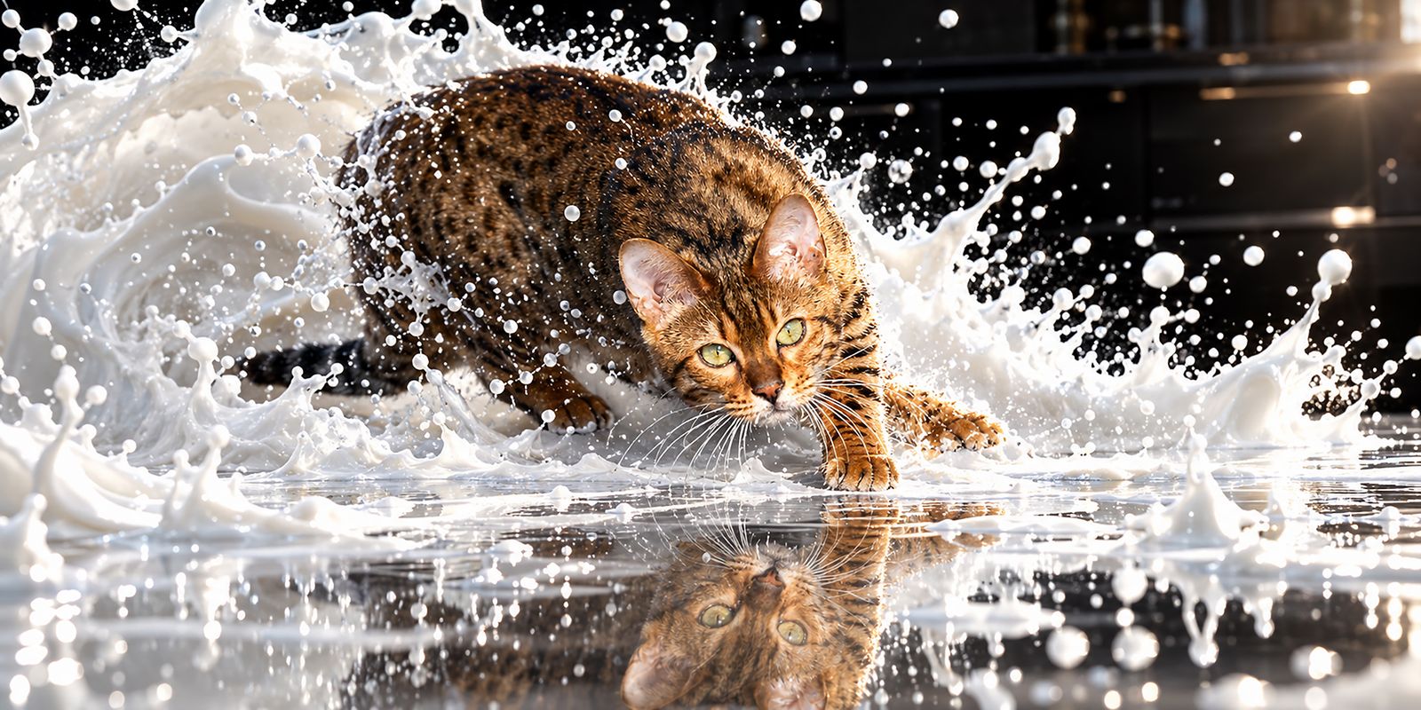 Chat bengal bondissant dans une vague de lait, avec son reflet sur le sol brillant